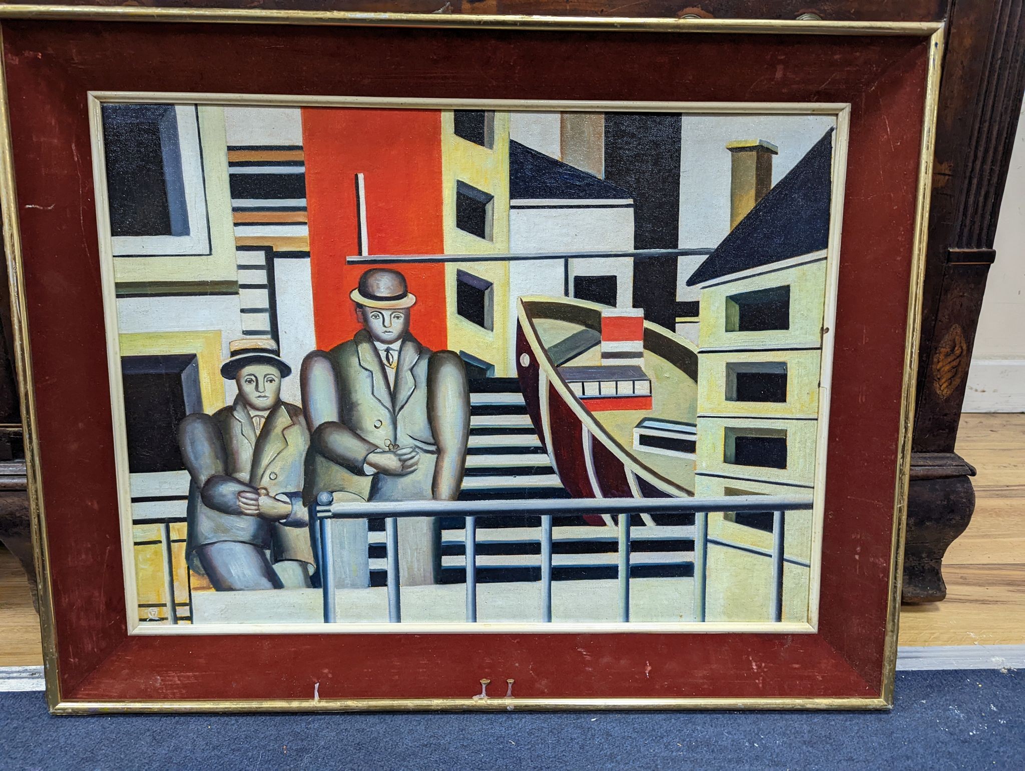 After Fernand Leger, oil on board, Street scene with two figures, 44 x 59cm